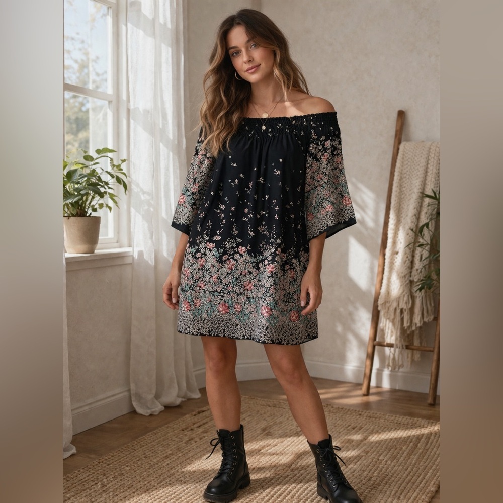 Molly bracken black Floral Off Shoulder Boho Blouse Smocked Neck Flowy